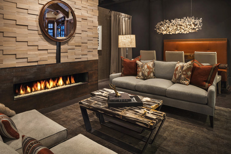 This is an example of a large modern living room in Atlanta with a standard fireplace and a wooden fireplace surround.