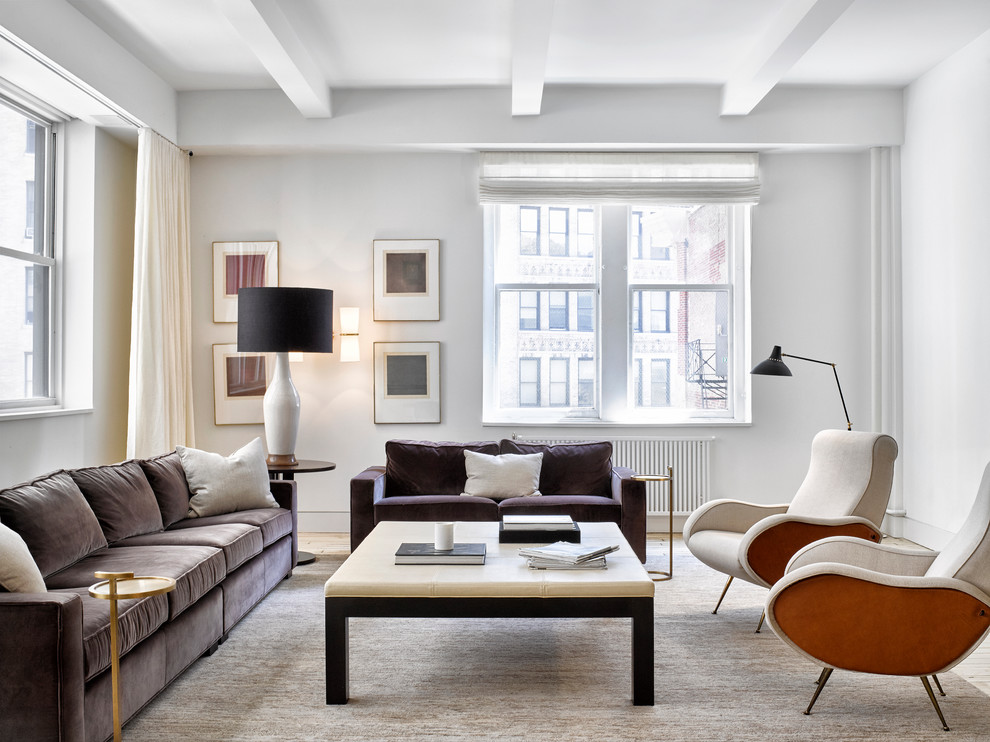 Repräsentatives, Mittelgroßes Modernes Wohnzimmer mit weißer Wandfarbe und hellem Holzboden in New York