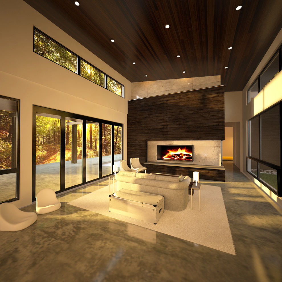 Modelo de salón abierto minimalista grande con paredes blancas, suelo de cemento, chimenea de doble cara y pared multimedia
