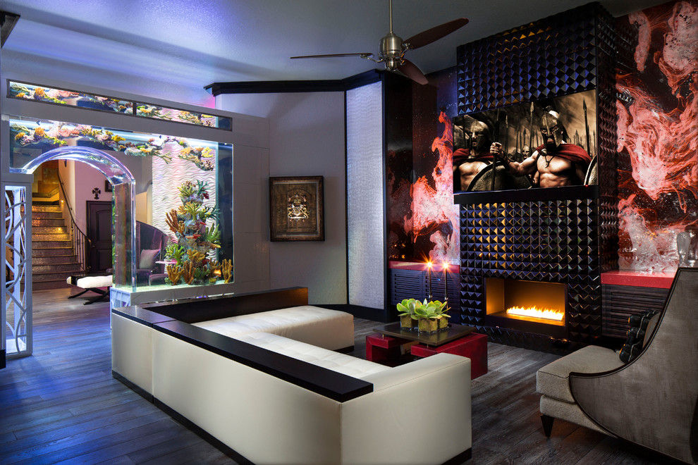 Trendy formal and enclosed living room photo in Orlando with a ribbon fireplace and a wall-mounted tv