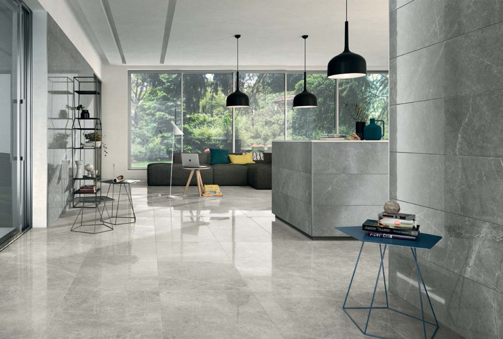 Inspiration for a large modern open plan living room in Miami with grey walls, porcelain flooring and grey floors.