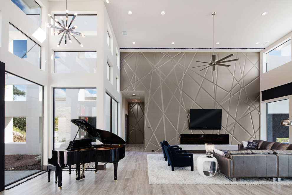 Foto de salón abierto minimalista grande sin televisor con paredes blancas, suelo de baldosas de porcelana, chimenea lineal y marco de chimenea de madera