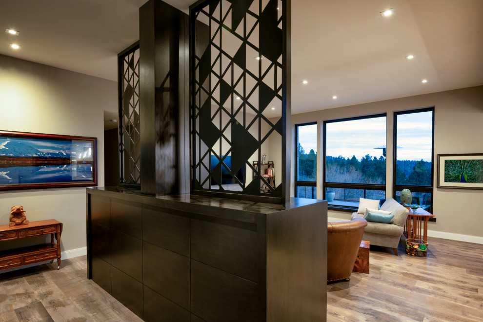 Пример оригинального дизайна: гостиная комната в стиле модернизм с фасадом камина из металла
