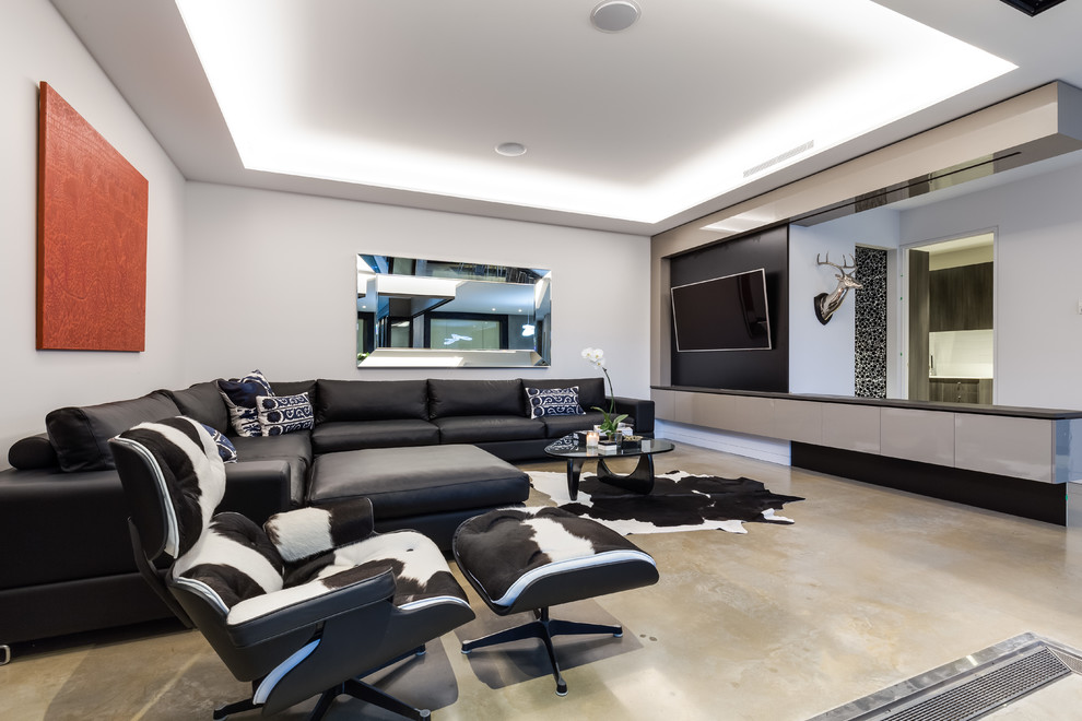 Medium sized industrial formal open plan living room in Brisbane with beige walls, concrete flooring, a built-in media unit and beige floors.