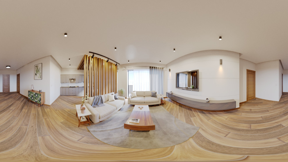 Mid-sized minimalist open concept laminate floor and multicolored floor living room photo in London with white walls, no fireplace and a wall-mounted tv