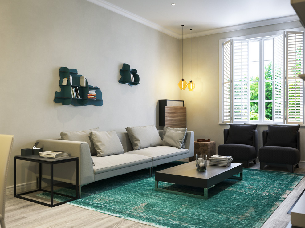 Idee per un soggiorno minimal di medie dimensioni con pareti beige e parquet chiaro