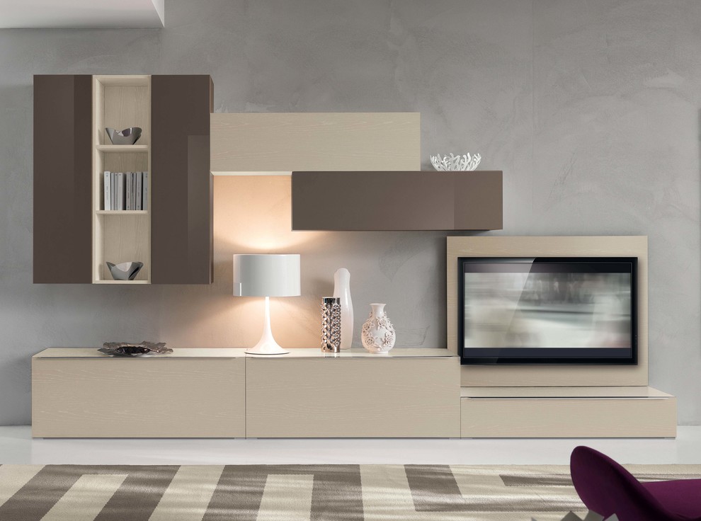 Diseño de salón minimalista con televisor colgado en la pared