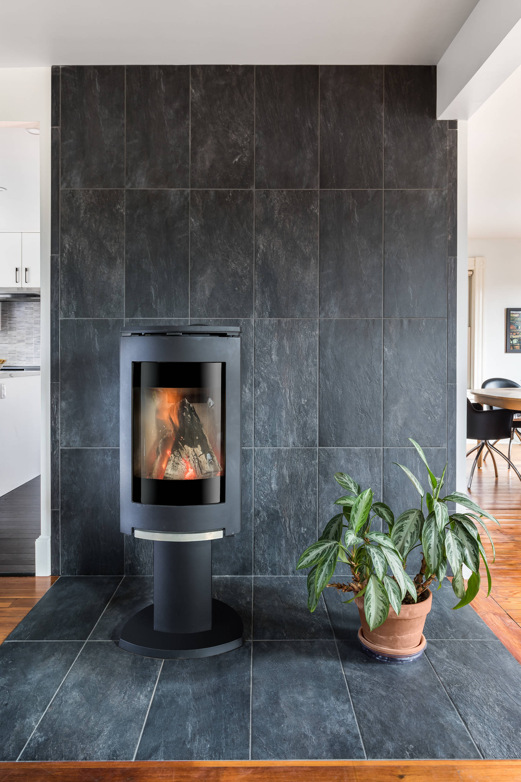 75 Porcelain Tile Living Room with a Wood Stove Ideas You'll Love -  October, 2023 | Houzz