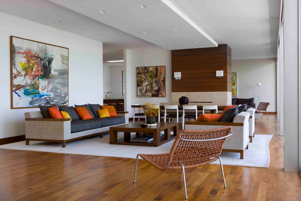 Immagine di un soggiorno minimalista con pareti bianche e tappeto