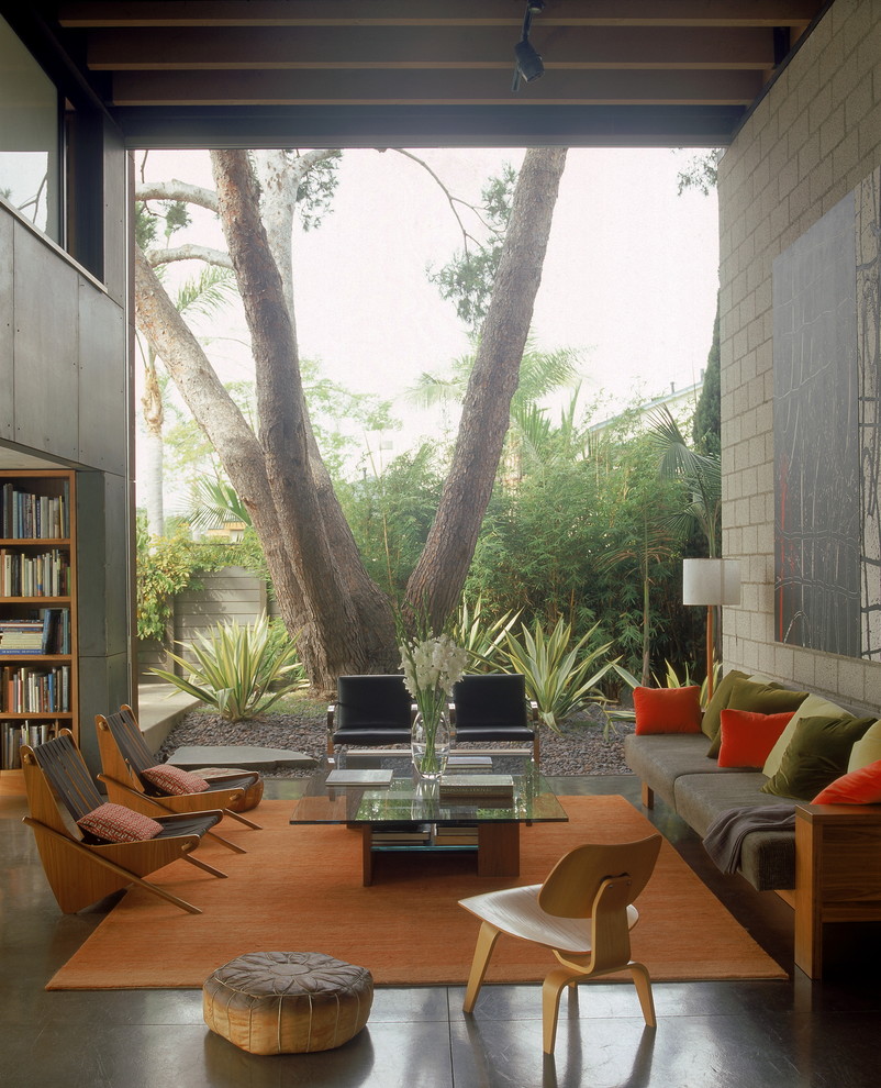 Huge minimalist open concept living room photo in Los Angeles