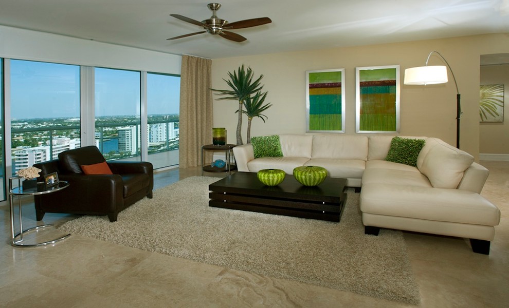 Mid-sized elegant open concept ceramic tile living room photo in Grand Rapids with beige walls, no fireplace and no tv