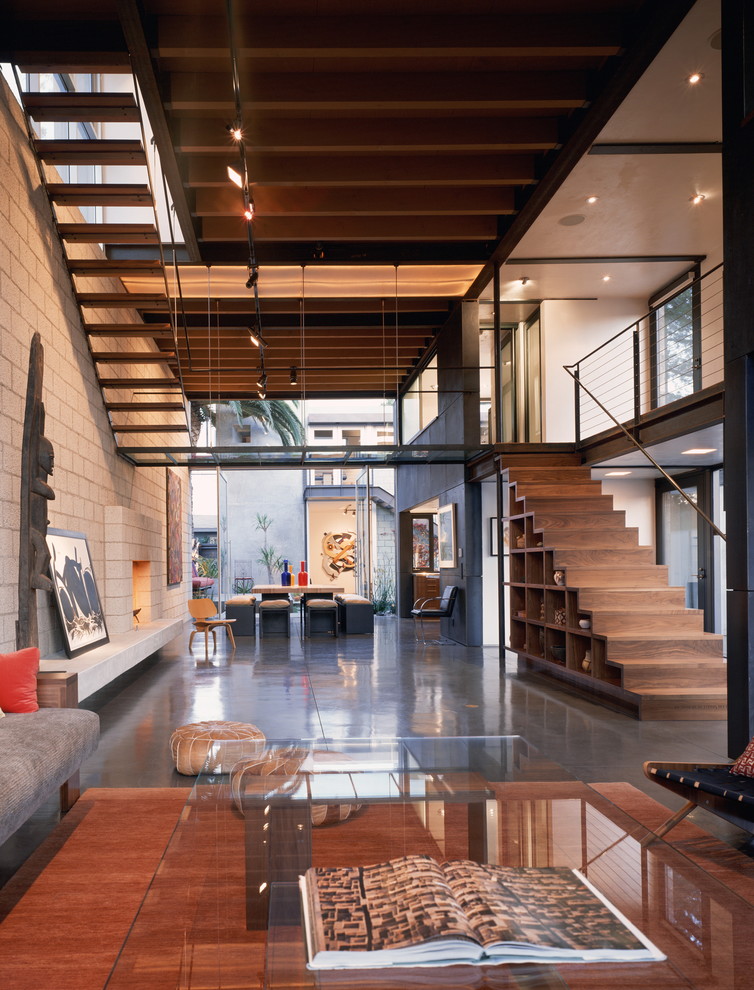 Großes, Offenes Industrial Wohnzimmer mit Betonboden und grauem Boden in Los Angeles