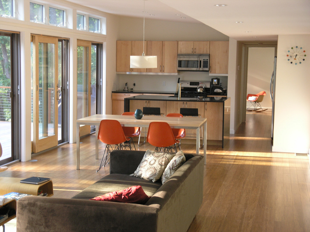 Свежая идея для дизайна: открытая гостиная комната в стиле модернизм - отличное фото интерьера