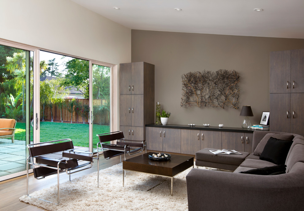 На фото: гостиная комната в стиле модернизм с серыми стенами, акцентной стеной и ковром на полу с