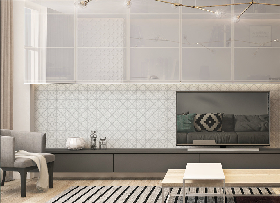 Ejemplo de salón minimalista con paredes blancas