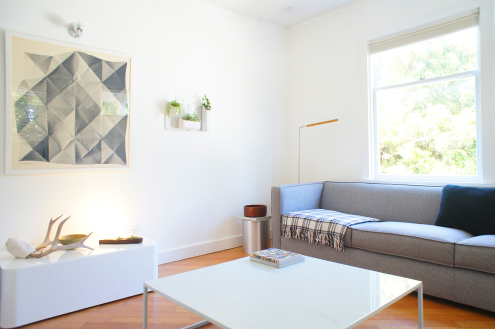 Ejemplo de salón abierto minimalista pequeño sin chimenea y televisor con paredes blancas y suelo de madera en tonos medios