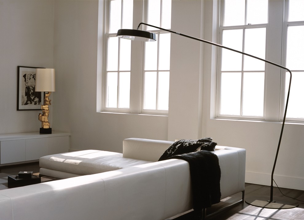 Cette image montre un salon minimaliste avec un mur blanc et un sol noir.
