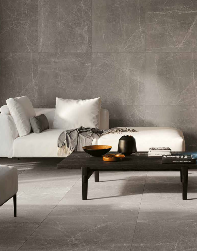 Esempio di un soggiorno moderno di medie dimensioni con pareti grigie, pavimento in gres porcellanato e pavimento grigio