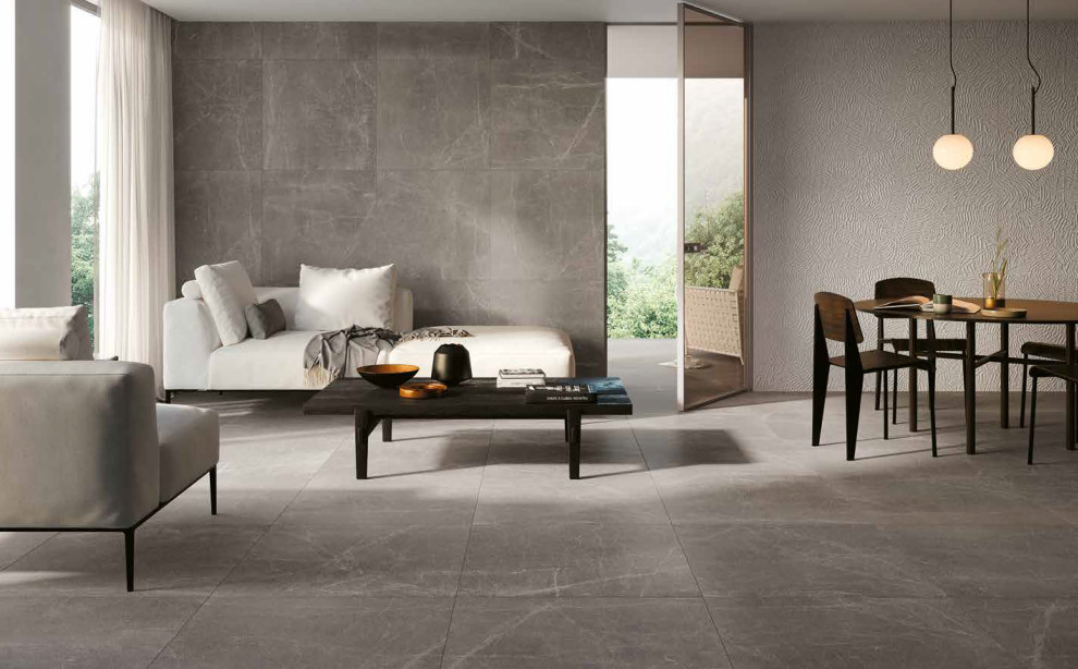 Cette image montre un salon minimaliste de taille moyenne avec un mur gris, un sol en carrelage de porcelaine et un sol gris.