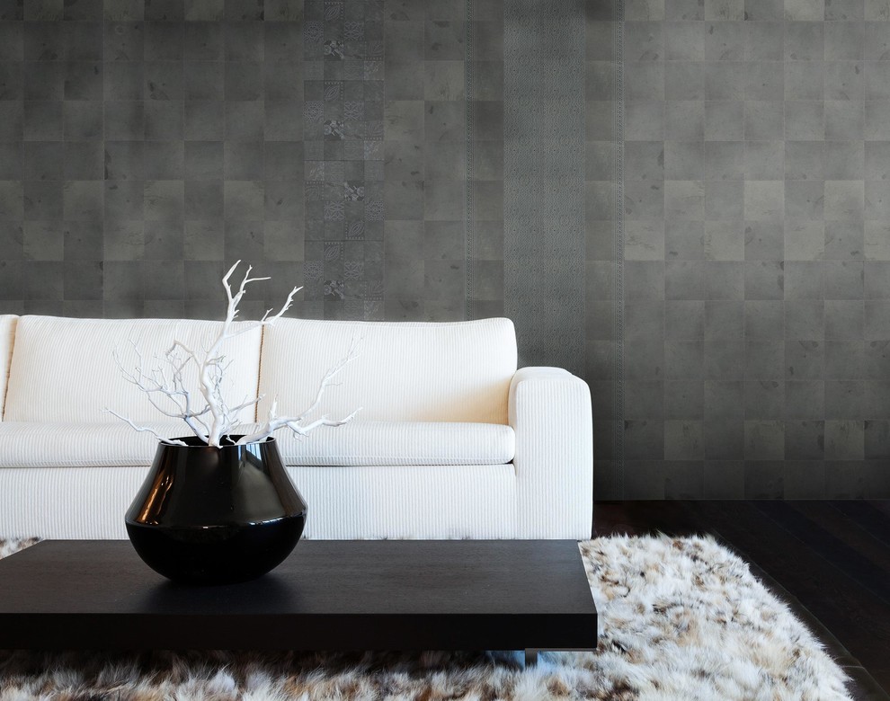 Ejemplo de salón minimalista de tamaño medio con paredes grises y suelo de pizarra