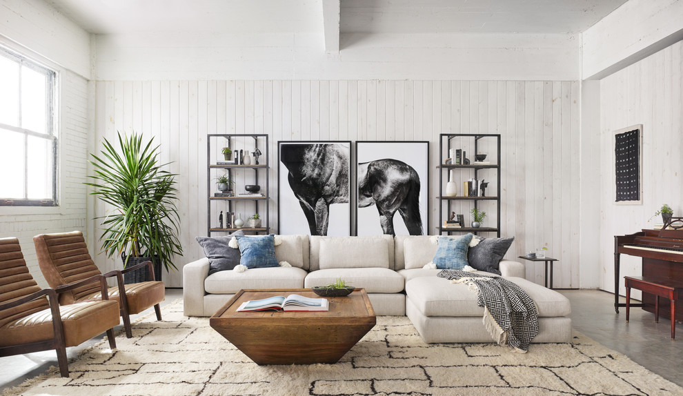 Inspiration for a classic living room in New York with a music area, white walls, concrete flooring and grey floors.