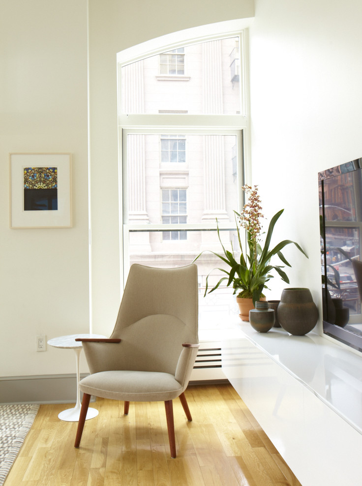 Cette photo montre un salon moderne avec un mur blanc.