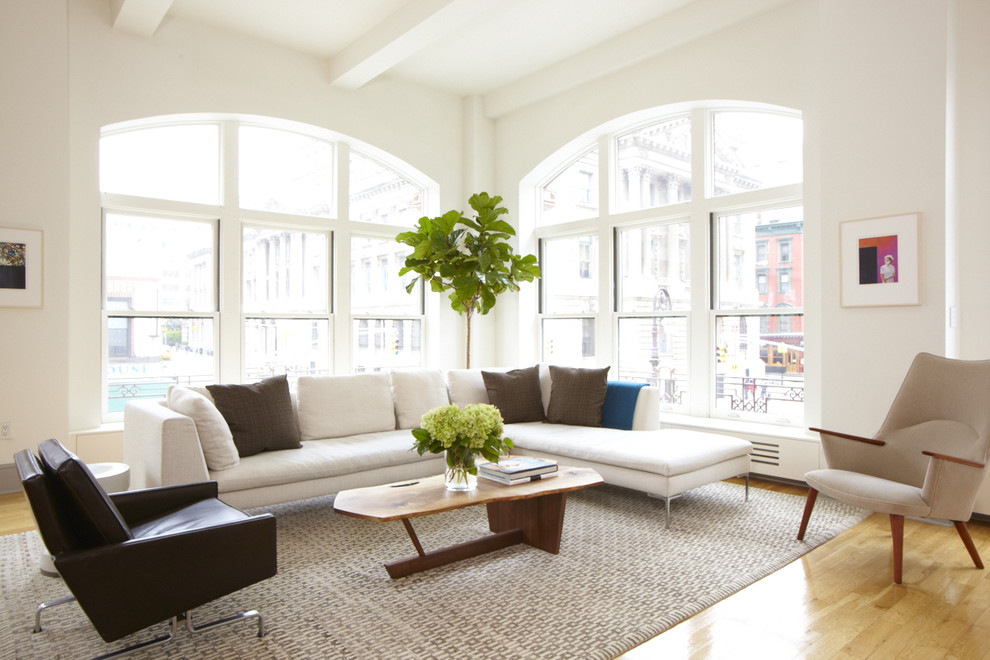 Idee per un soggiorno minimalista con pareti bianche e tappeto