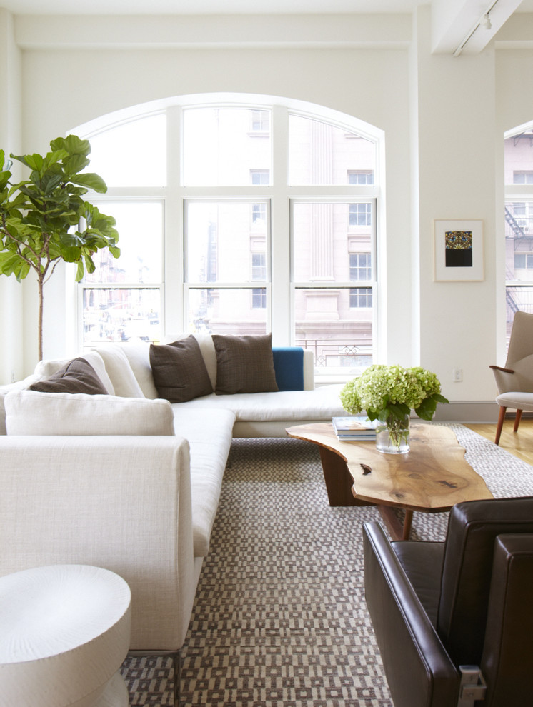 This is an example of a modern living room in San Francisco with white walls.
