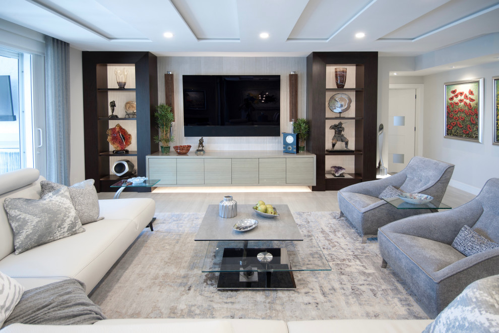 Design ideas for a large contemporary open plan living room in Miami with grey walls, porcelain flooring, a built-in media unit, grey floors and a drop ceiling.