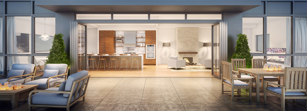 Großes, Offenes Modernes Wohnzimmer mit weißer Wandfarbe, hellem Holzboden, Kamin, Kaminumrandung aus Stein und freistehendem TV in New York