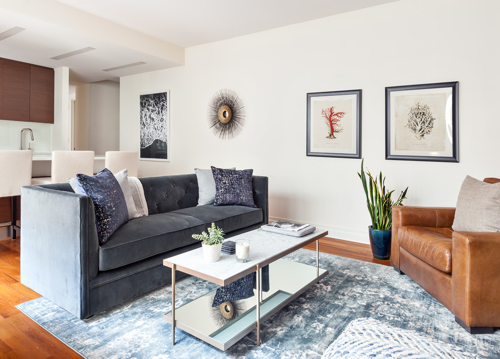 Offenes Maritimes Wohnzimmer mit weißer Wandfarbe, braunem Holzboden und orangem Boden in New York