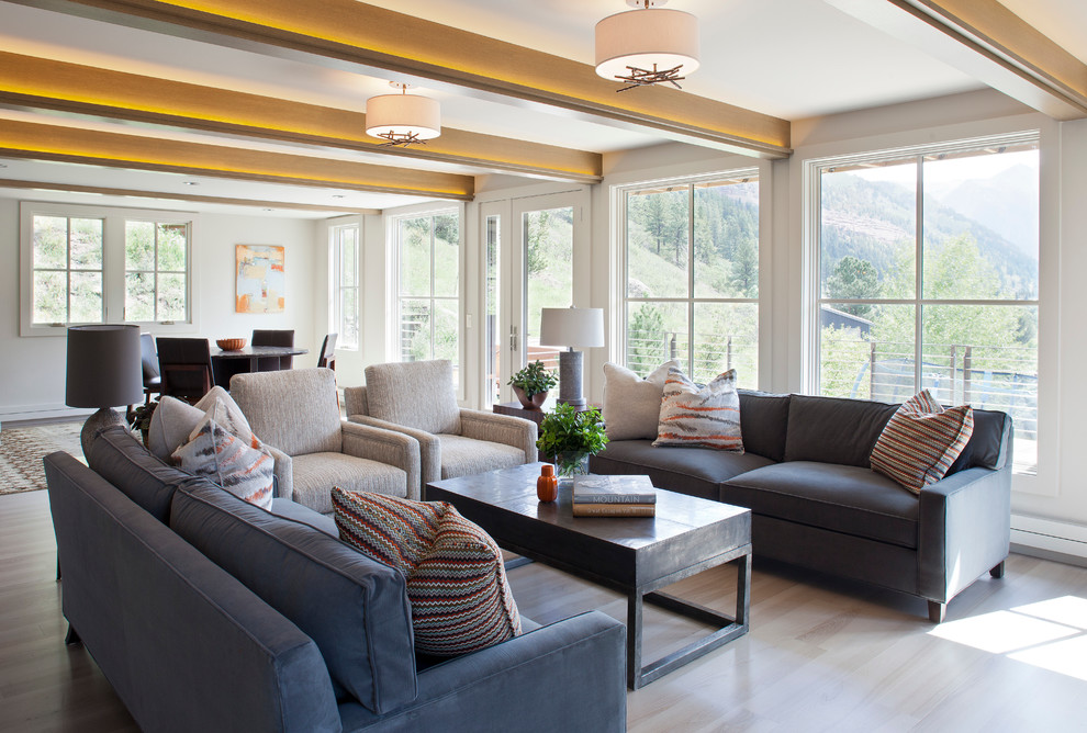 Large mountain style light wood floor living room photo in Denver with white walls