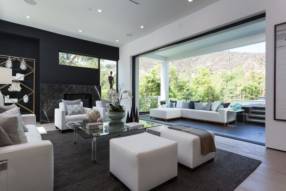 Foto di un grande soggiorno minimalista aperto con sala formale, pareti nere, parquet chiaro, camino classico, cornice del camino in pietra e nessuna TV