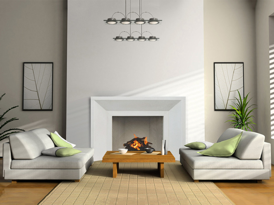 На фото: открытая гостиная комната среднего размера в стиле модернизм с белыми стенами, полом из бамбука, стандартным камином, фасадом камина из бетона и коричневым полом с