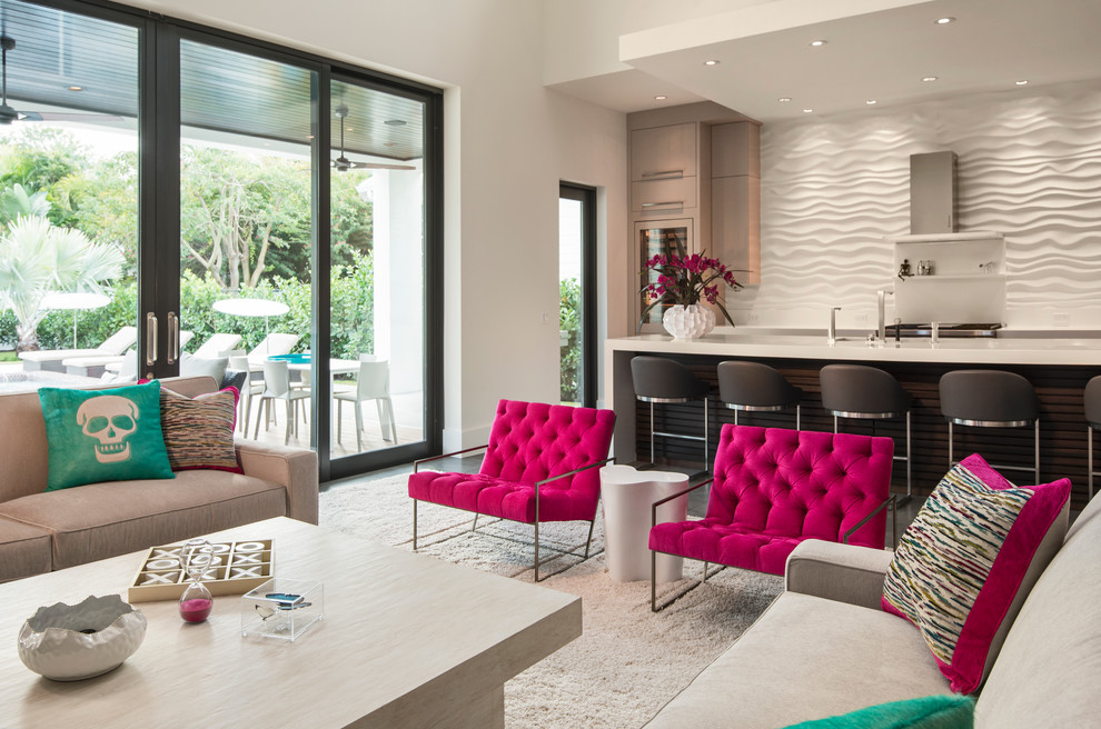 Living room - large contemporary open concept carpeted living room idea in Miami with white walls, a ribbon fireplace, a stone fireplace and a wall-mounted tv