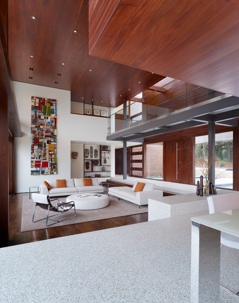 This is an example of an expansive modern living room in San Francisco with white walls.