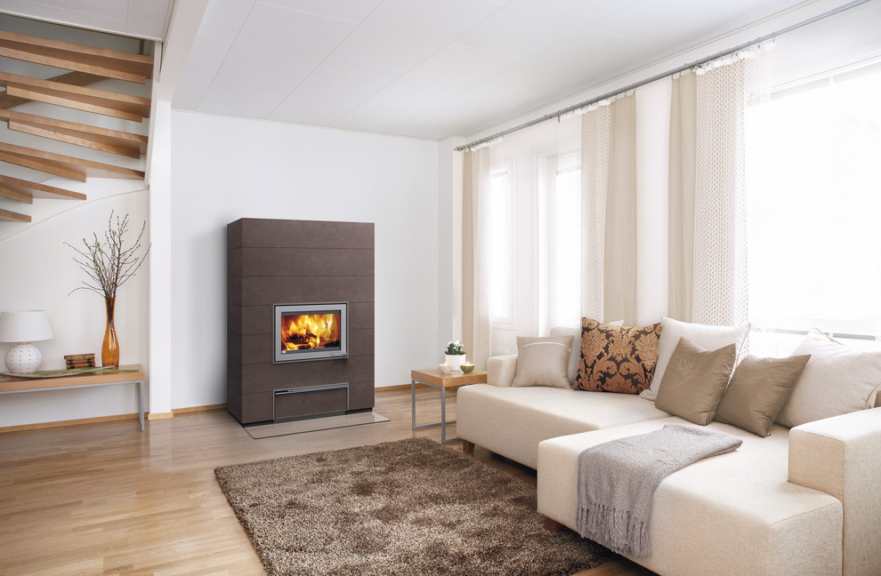Scandi living room in Gloucestershire with a wood burning stove.