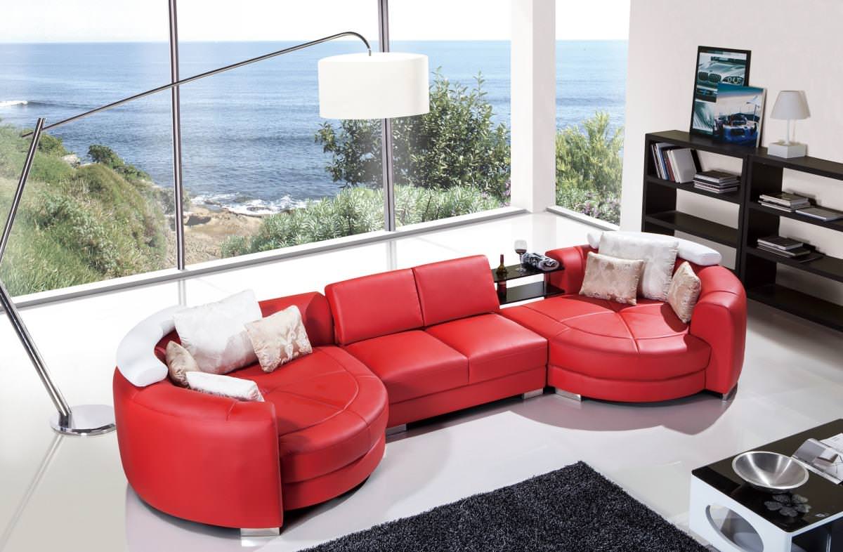 Modern Red Leather Sectional Sofa With, Red Leather Sectional With Chaise