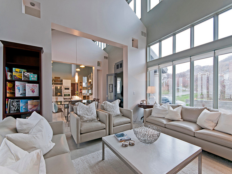 Пример оригинального дизайна: гостиная комната в современном стиле с серыми стенами и бетонным полом