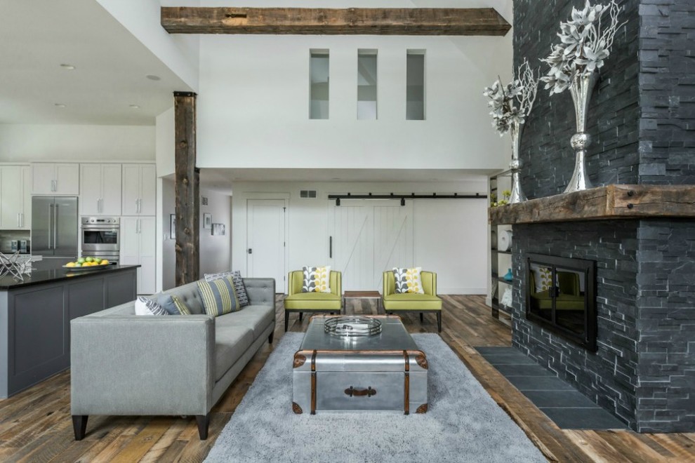 Inspiration for a large contemporary open concept medium tone wood floor living room remodel in Indianapolis with white walls and a ribbon fireplace
