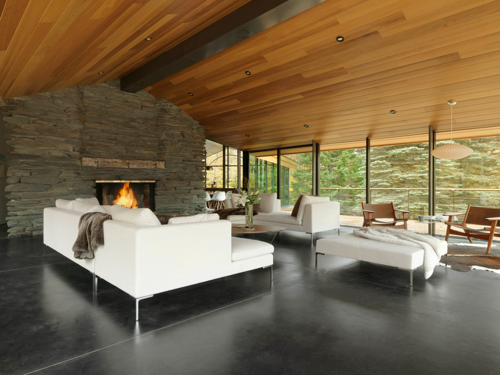 Idée de décoration pour un salon design avec un mur beige, sol en béton ciré, une cheminée standard et un manteau de cheminée en pierre.