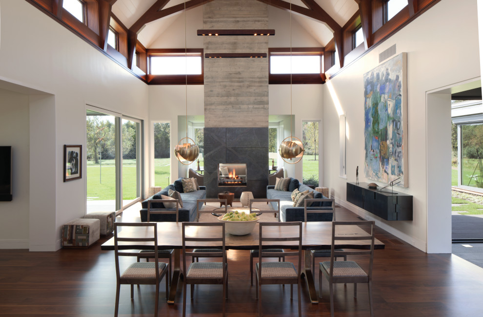 Inspiration for a contemporary open concept dark wood floor living room remodel in Philadelphia with white walls, a two-sided fireplace and a stone fireplace