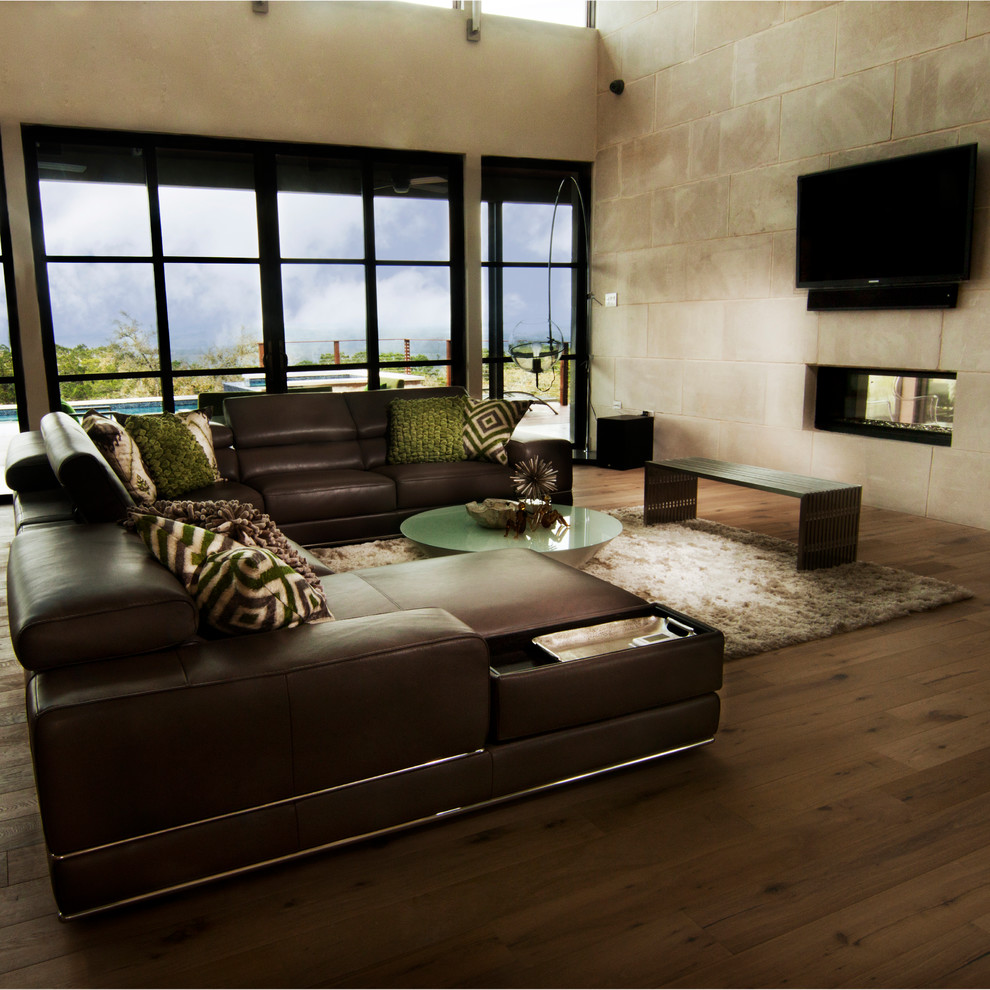 Ispirazione per un soggiorno moderno di medie dimensioni e aperto con sala formale, camino bifacciale e TV a parete