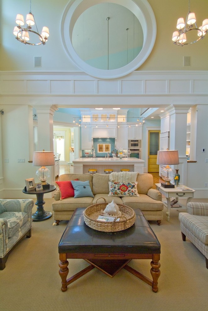 This is an example of a large classic open plan living room in Salt Lake City with yellow walls, carpet, a two-sided fireplace, a stone fireplace surround, no tv and brown floors.