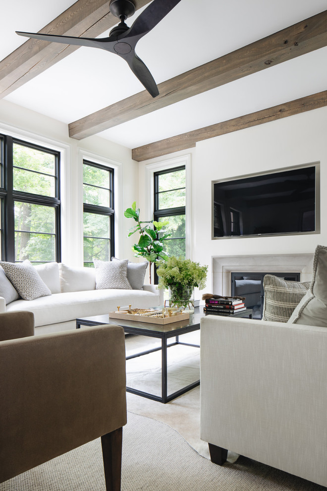 Example of a transitional living room design in Chicago with white walls, a standard fireplace, a concrete fireplace and a media wall