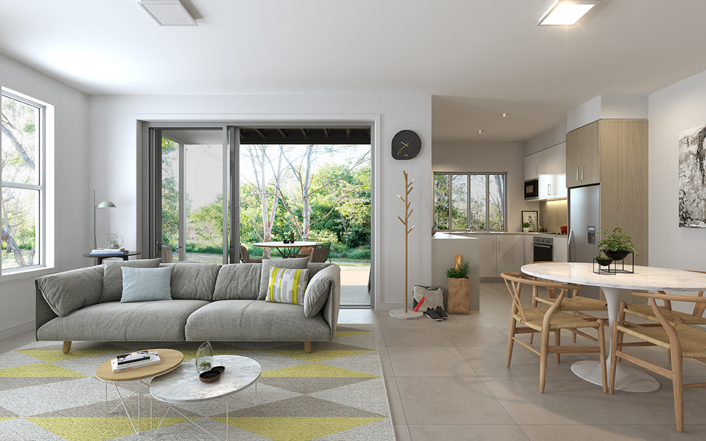 Пример оригинального дизайна: гостиная комната в стиле модернизм с белыми стенами и полом из керамической плитки