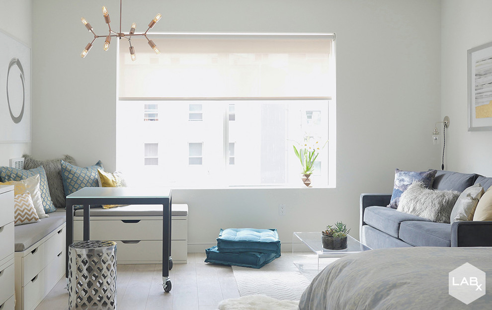 Esempio di un piccolo soggiorno minimalista con pareti bianche e parquet chiaro