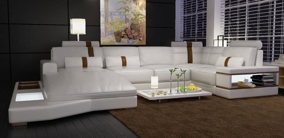 Modern White Bonded Leather Sectional, Modern White Leather Sectional Sofa With Built In Light