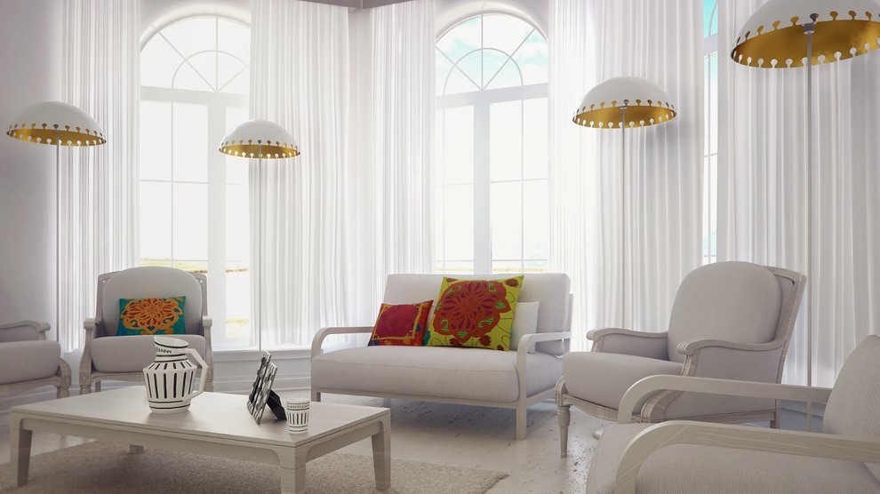 Immagine di un ampio soggiorno moderno chiuso con sala formale, pareti bianche, parquet chiaro, nessun camino e nessuna TV
