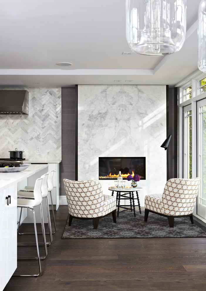 Inspiration for a mid-sized contemporary formal and open concept dark wood floor and brown floor living room remodel in Toronto with white walls, a ribbon fireplace, a stone fireplace and no tv